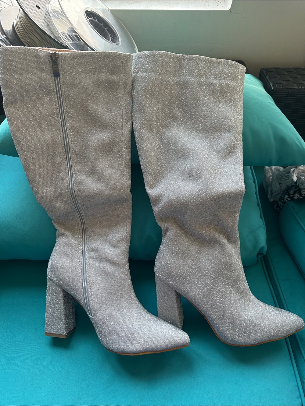NWOT Silver Glitter Knee-High Block Heel Boots